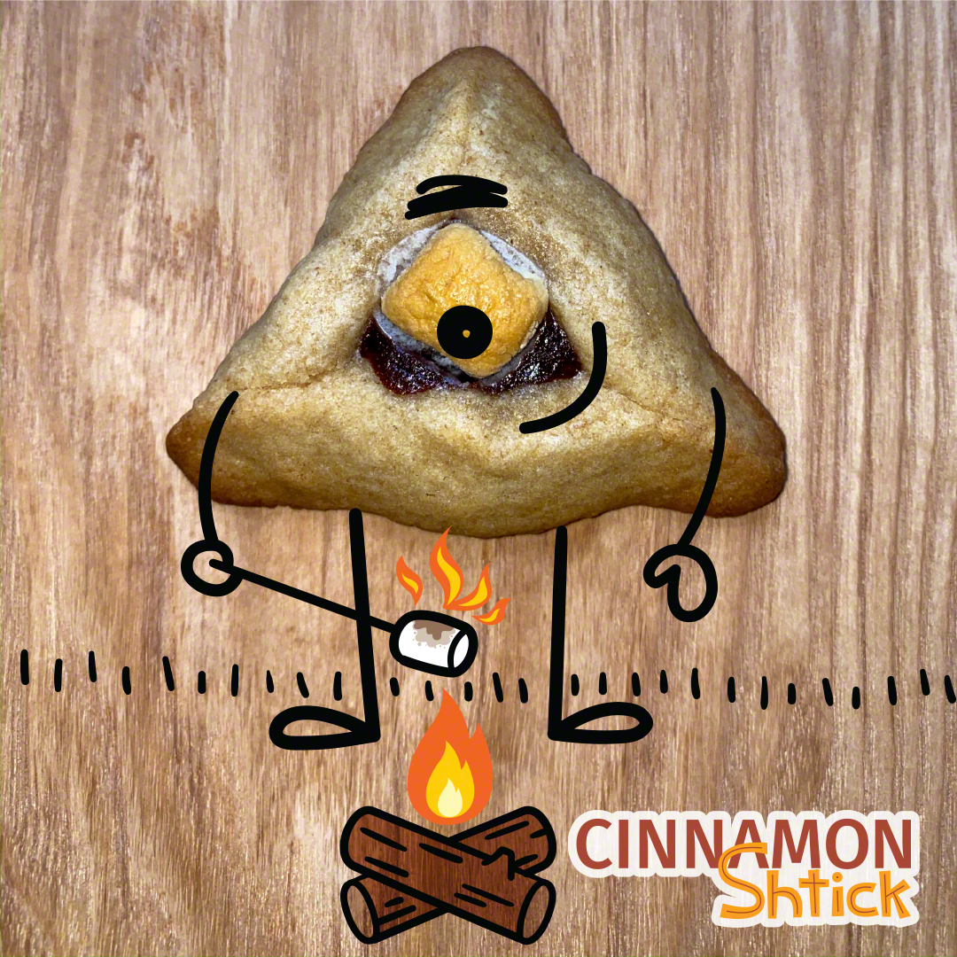 a S’mores Brownie Hamantaschen illustrated to be roasting a marshmallow
