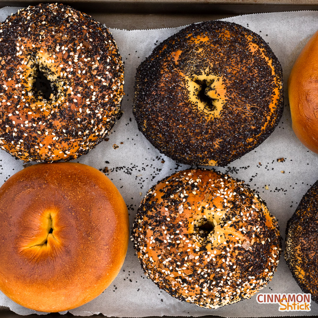 egg bagels, some with everything seasoning, some with poppy seeds and some plain
