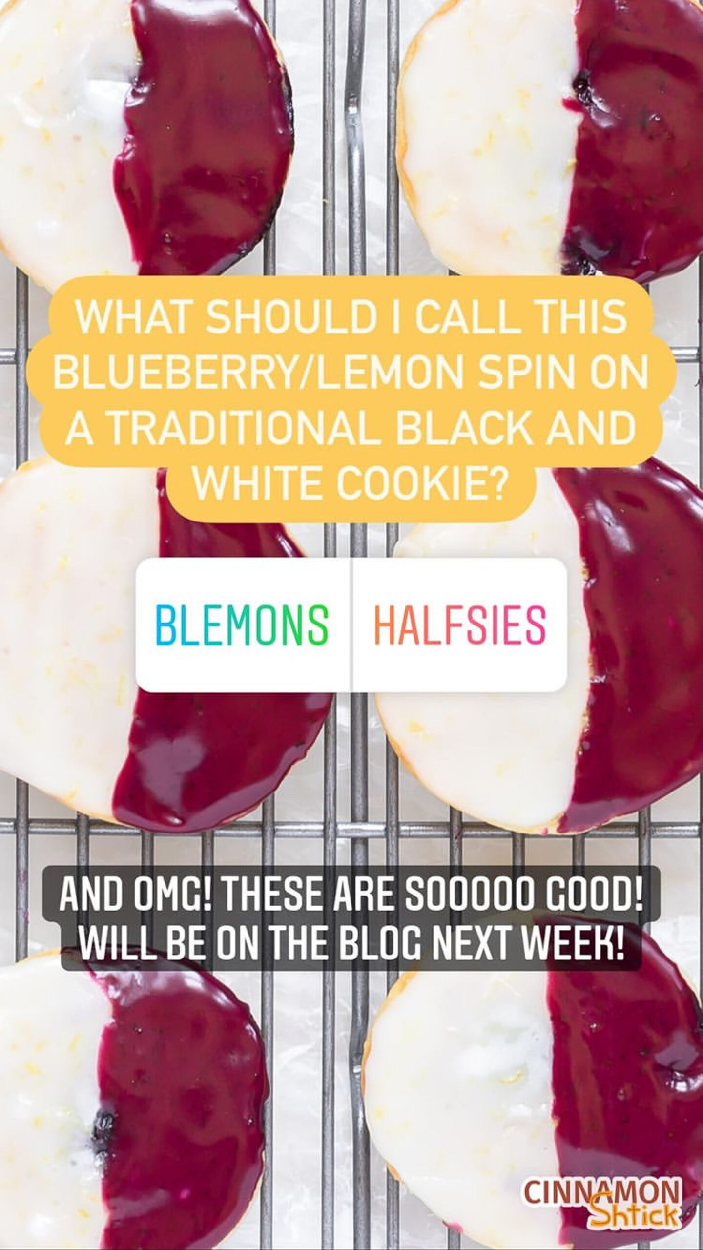 screen shot of post of Instagram poll asking for preference of Blemons or Halfsies for the name of these cookies.