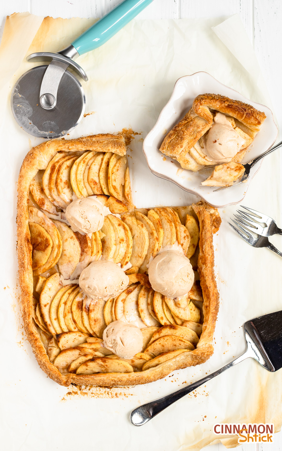overhead view of apple galette with scoops of ice cream on top