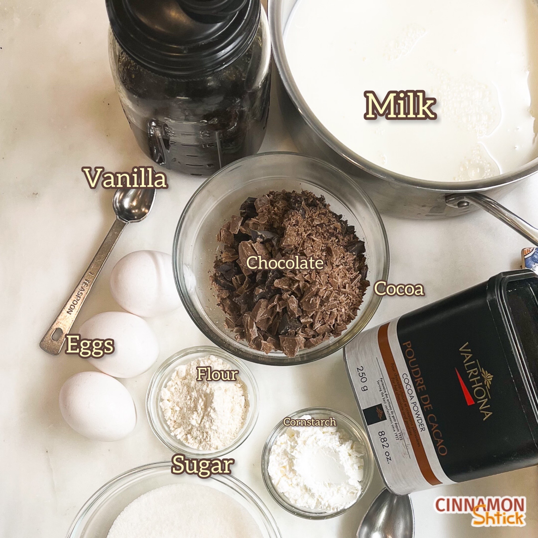 overhead view of chocolate pastry cream ingredients