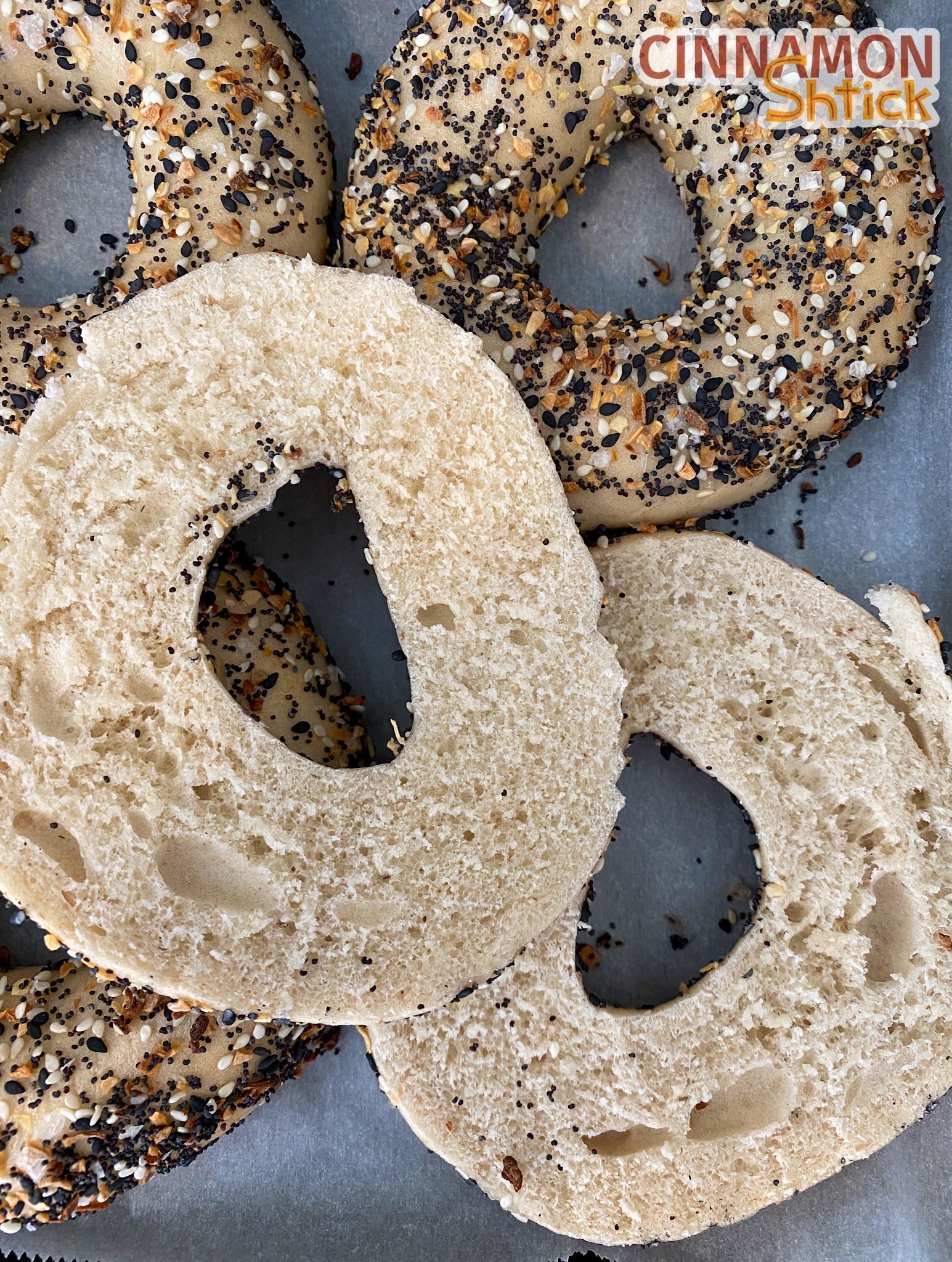 Sourdough everything bagels sliced open