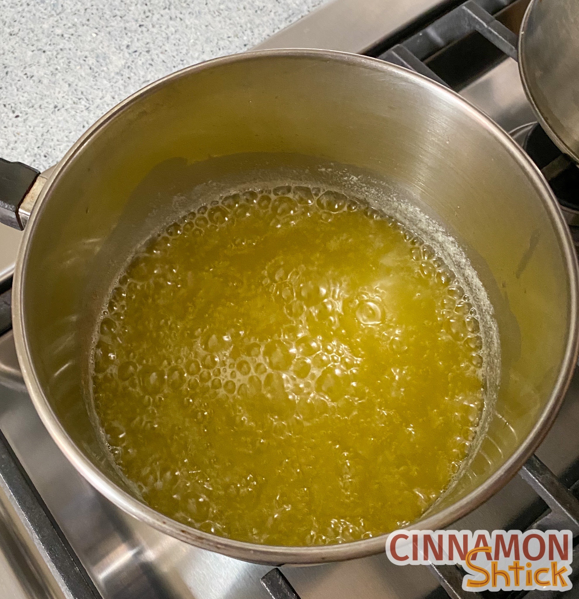 Butter melted and started to bubble in pot