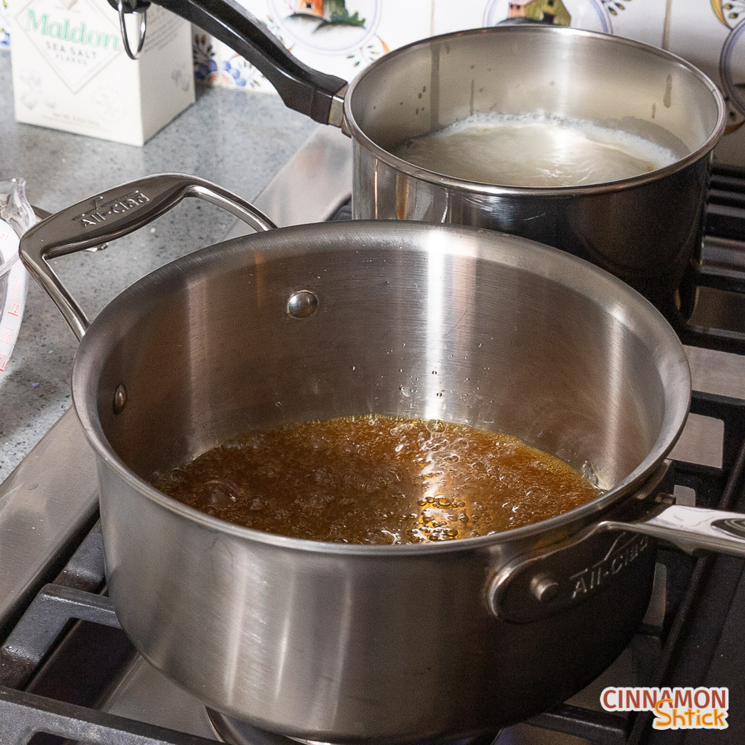 Cooked caramel, still bubbling, in pot