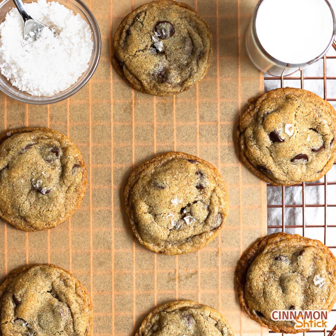 top view of brown butter rye chocolate chip cookies