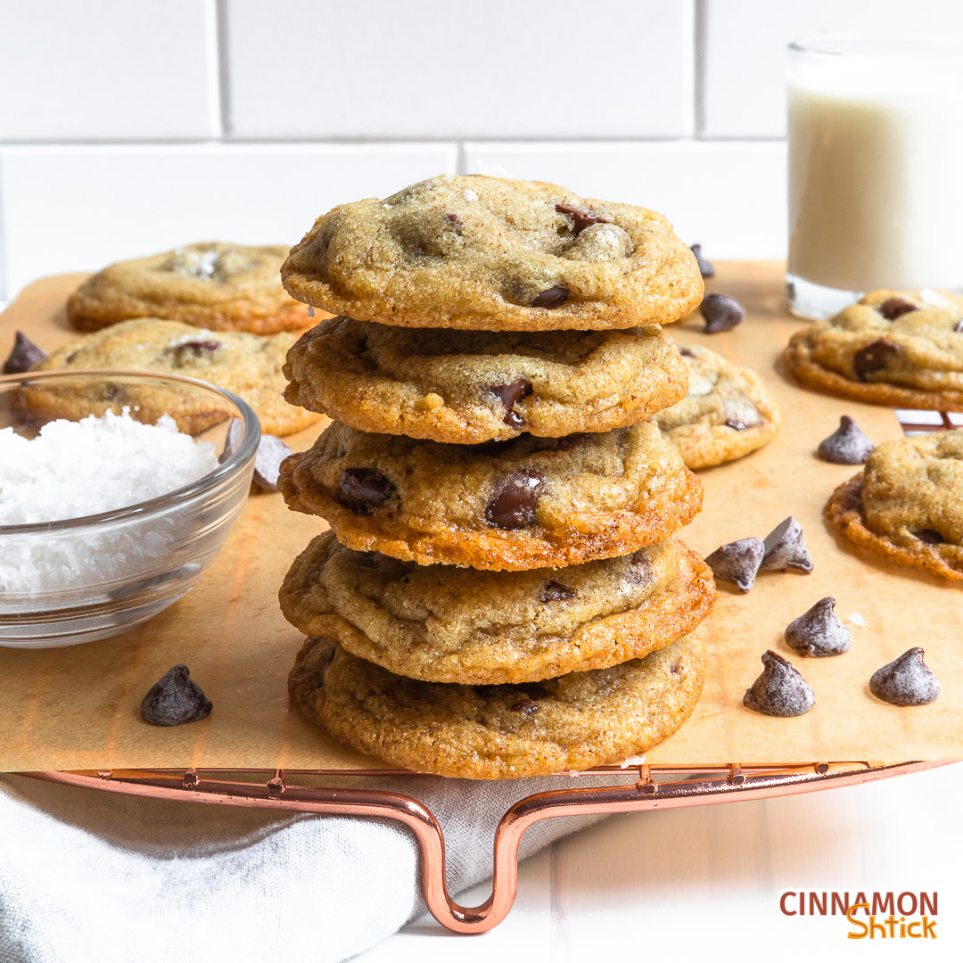 brown butter rye chocolate chip cookies stacked