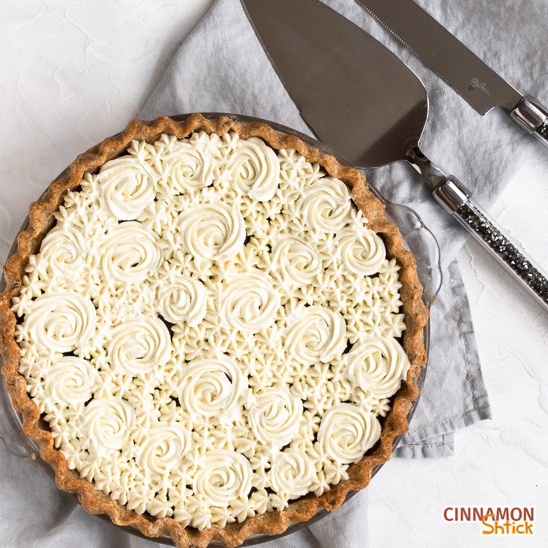 Brown Butter Rye Brownie Pie With Piped White Chocolate Whipped Ganache