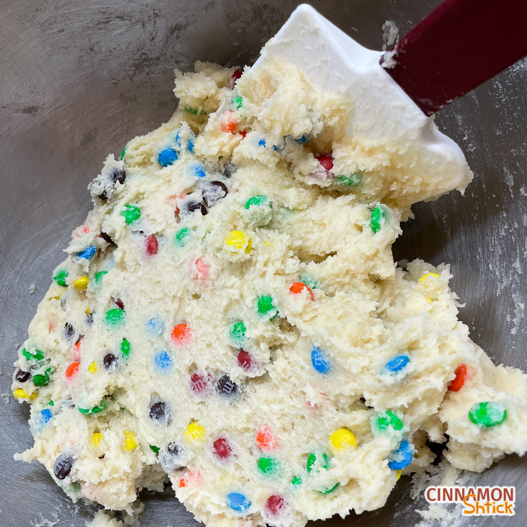 M&M cookie dough in mixing bowl