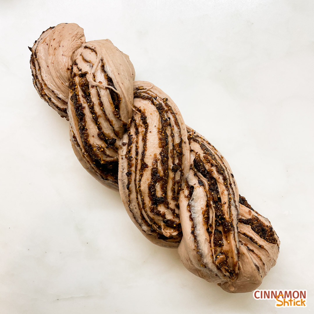 Twisted babka dough on a counter