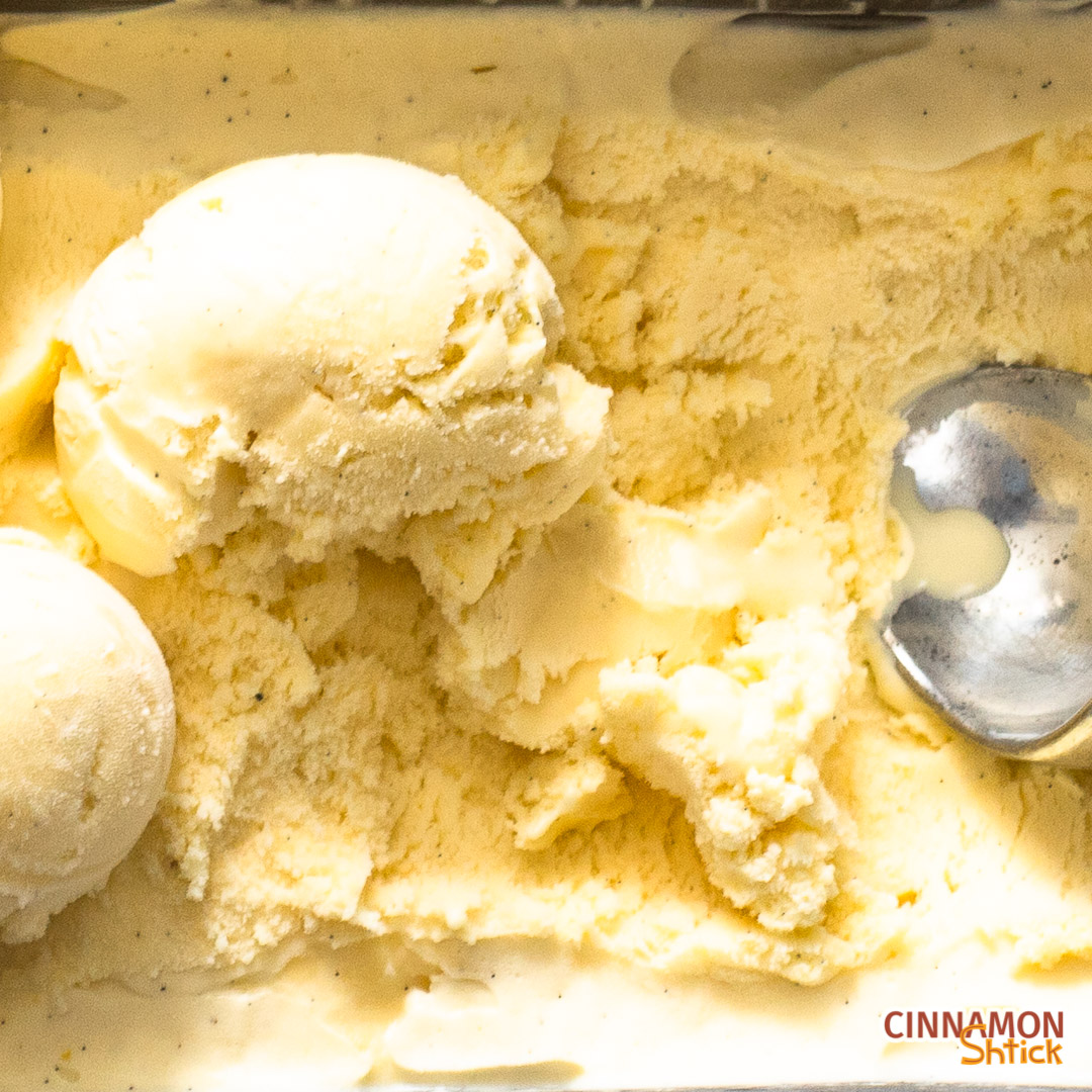 close up of vanilla ice cream showing vanilla seeds in it