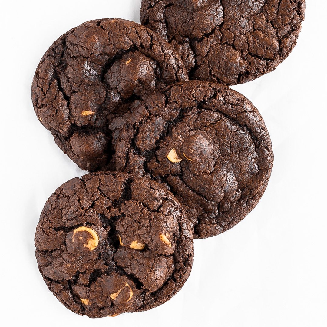 overhead view of 4 chocolate peanut butter cookies