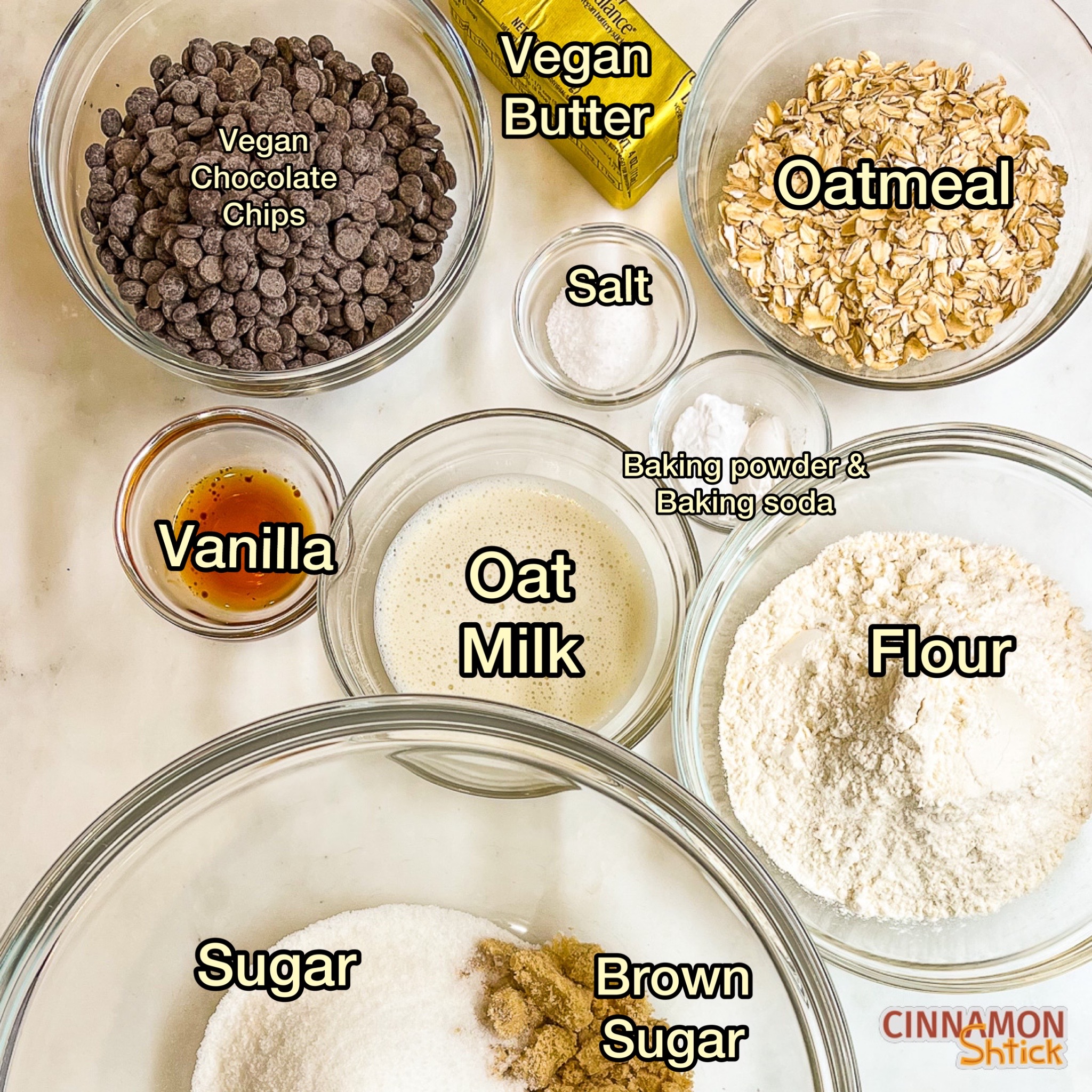 overhead view of all ingredients for vegan chocolate chip cookies