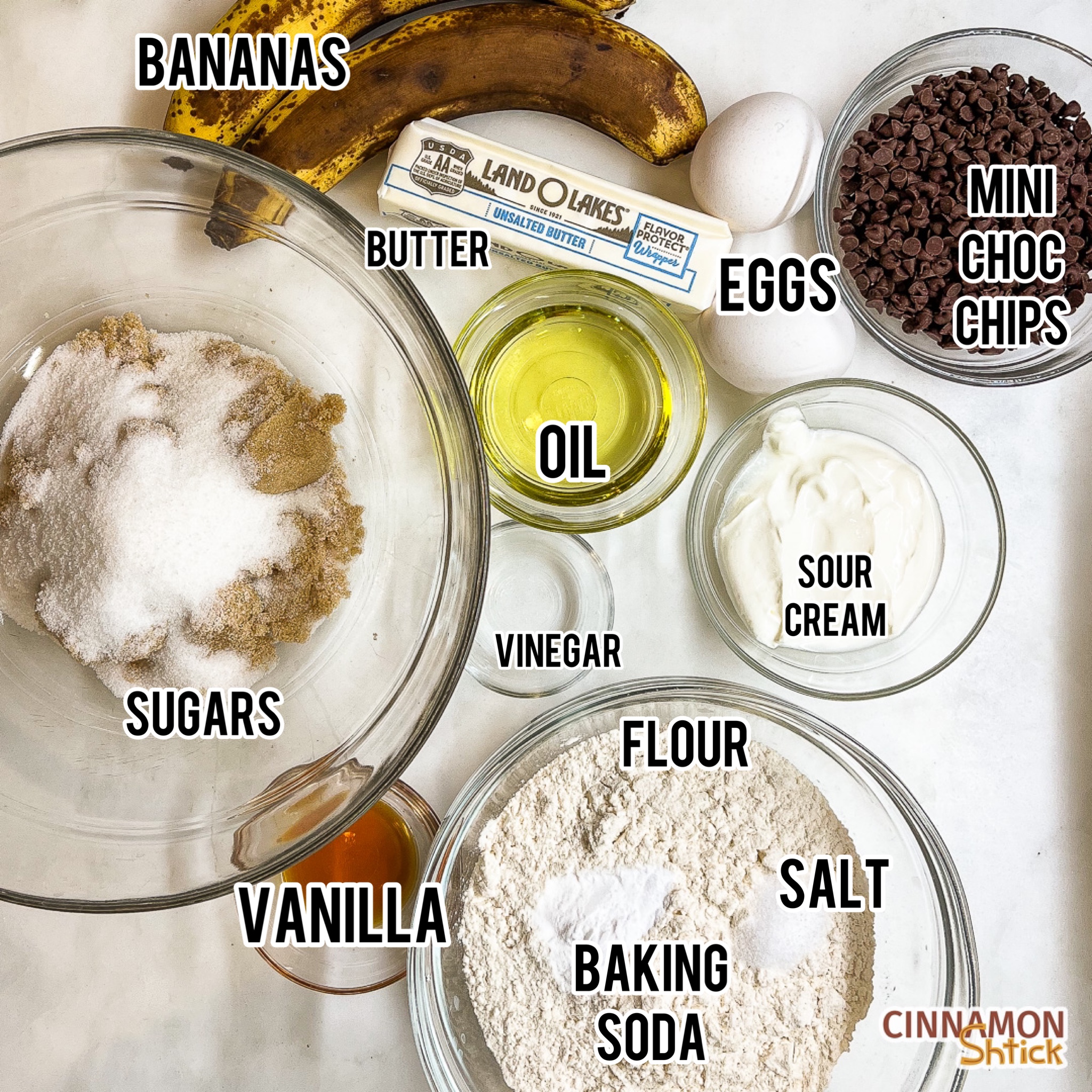 overhead view of all the ingredients for banana chocolate chip cake
