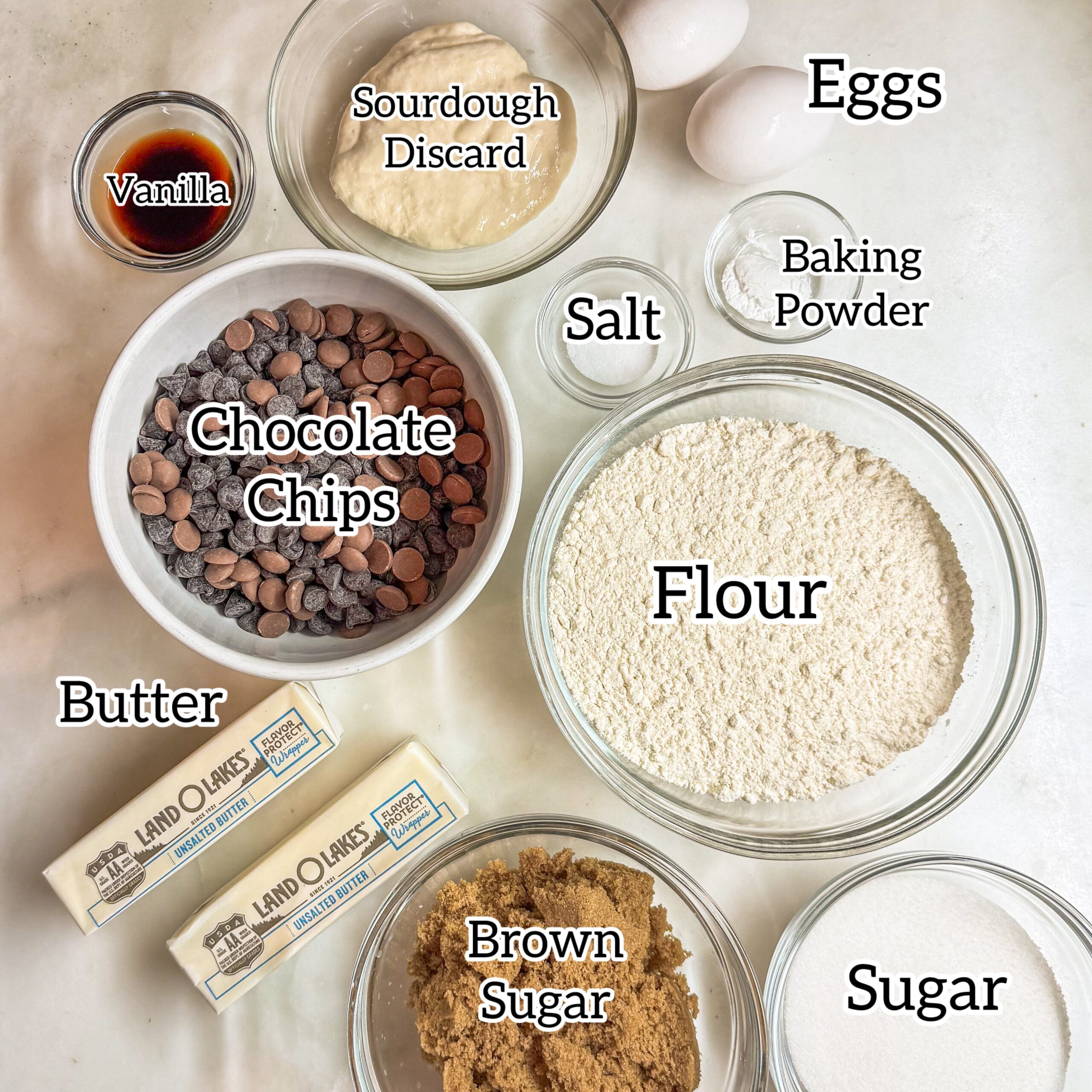 Overhead view of ingredients to make sourdough blondies.